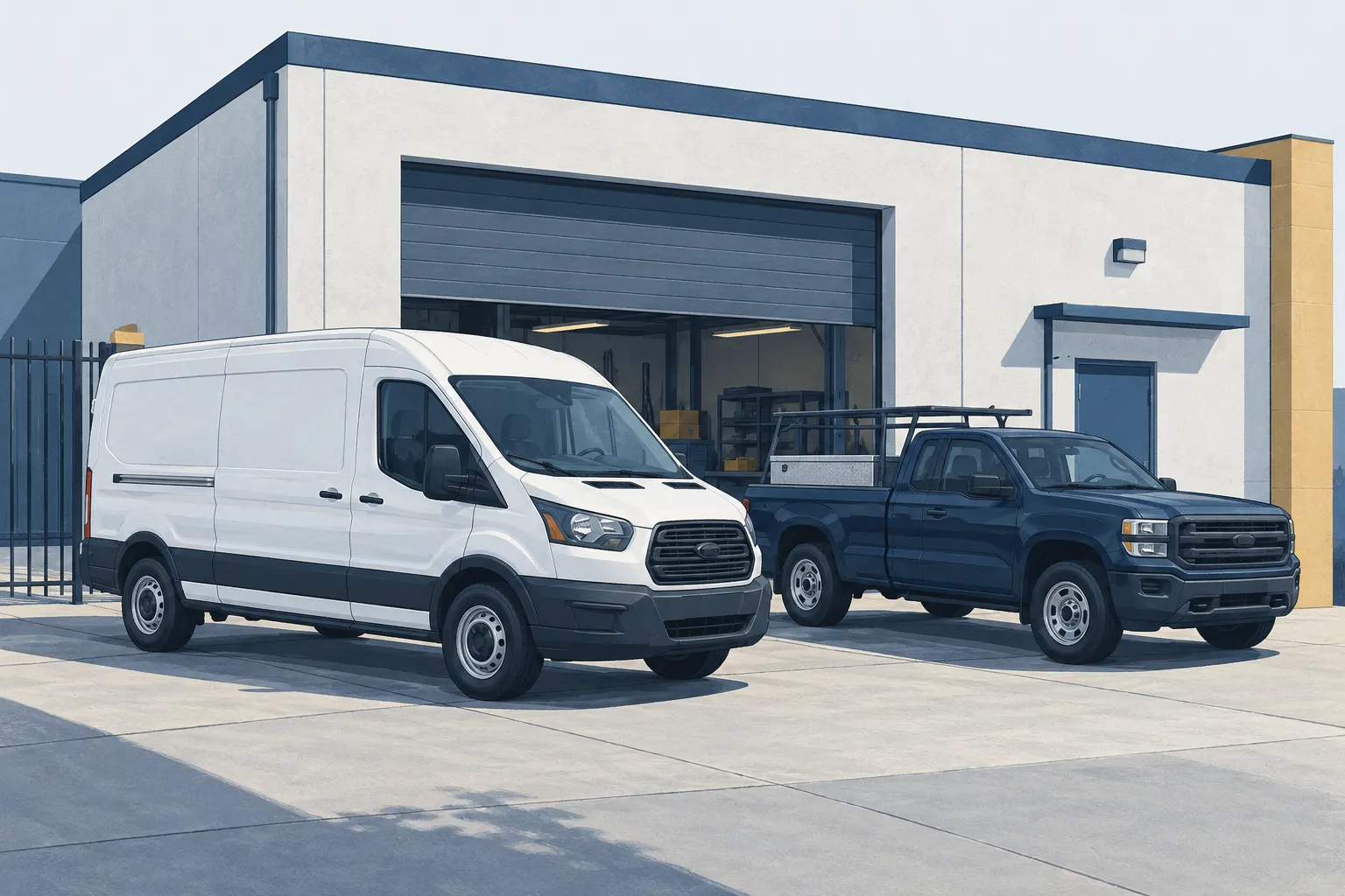Conceptual illustration of a work van and pickup outside a workshop
