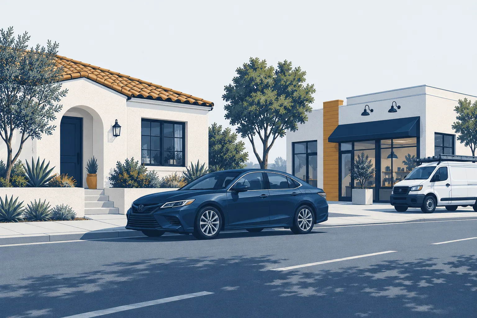 Conceptual illustration of a Southern California home, car, and small business